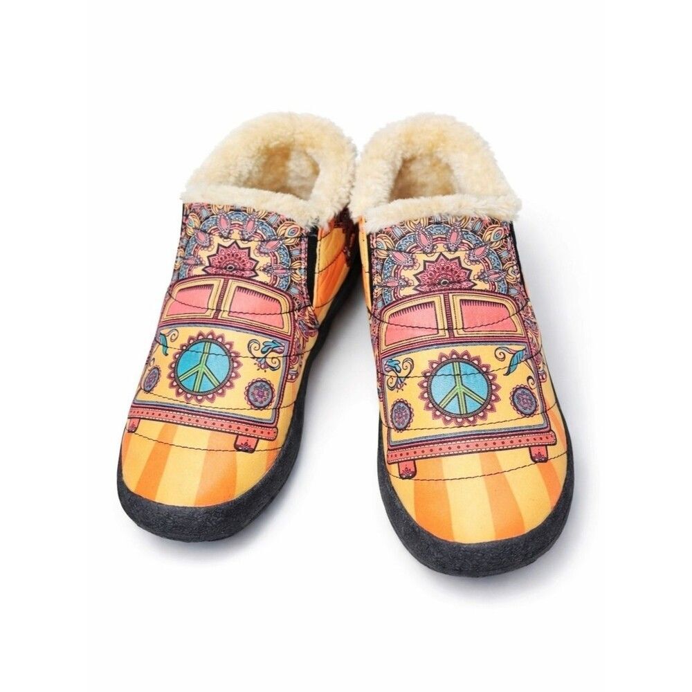 Yes We Vibe Colorful Faux Fur Lined Hippie VW Van Peace Sign Slip On Shoes